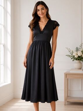 Fehaute Satin Classic Black Lace-Trim Midi Dress Cap Sleeve V-Neck Size 12 NEW